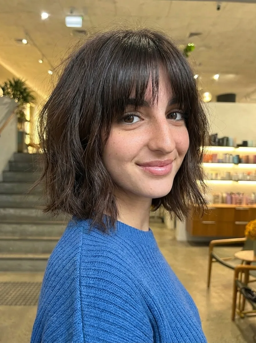 Rich Chocolate Brown Textured Bob with Blunt Bangs